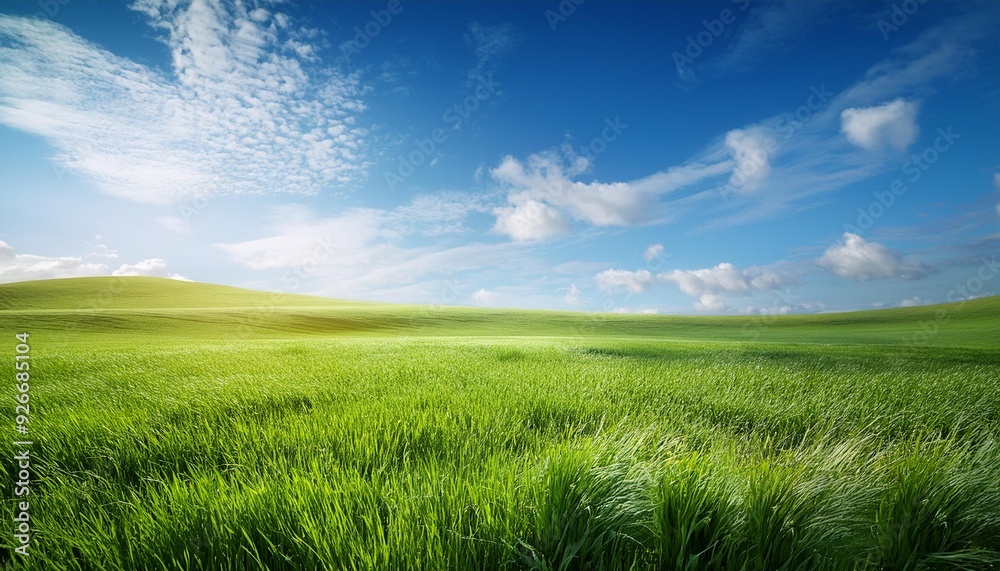Sky and grass background, fresh green fields under the blue sky in spring Sky and grass background, fresh green fields under the blue sky in spring