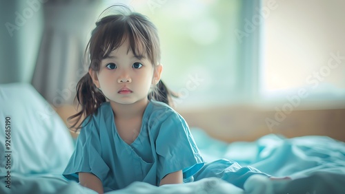 Sick girl sitting on hospital bed. Generative AI