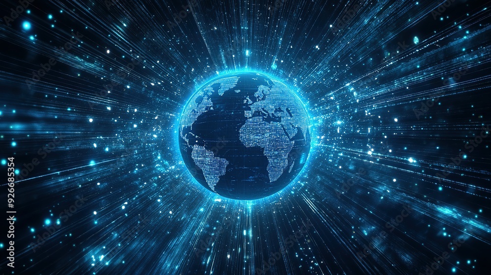 Fototapeta premium Digital Earth Surrounded by Blue Lines and Lights