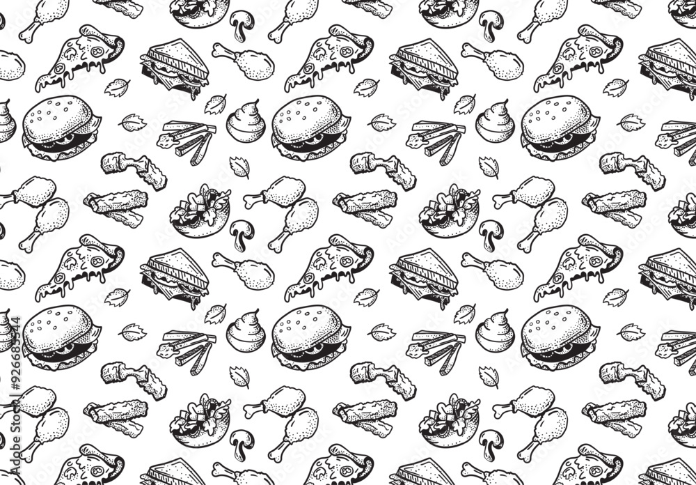 Beautiful seamless hand drawn fast food images, vector set
Beautiful seamless hand drawn fast food images, vector set