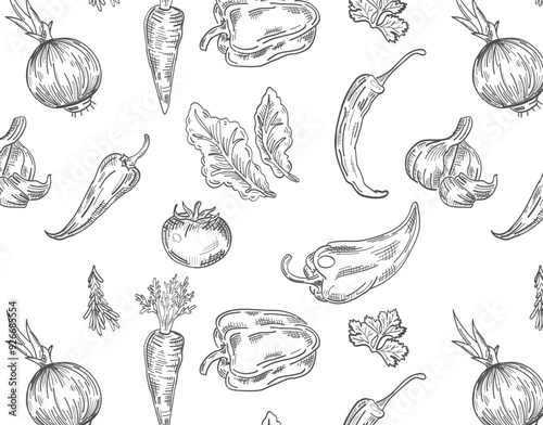 Seamless vector pattern of vegetables and herbs