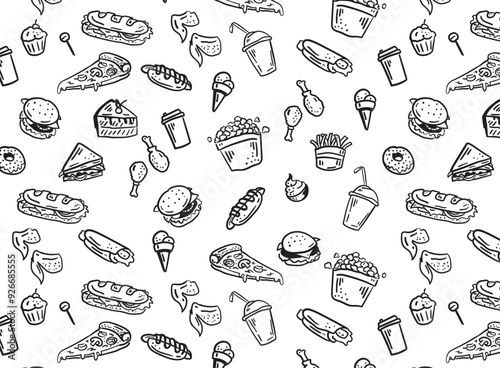 Beautiful seamless hand drawn fast food images, vector set
