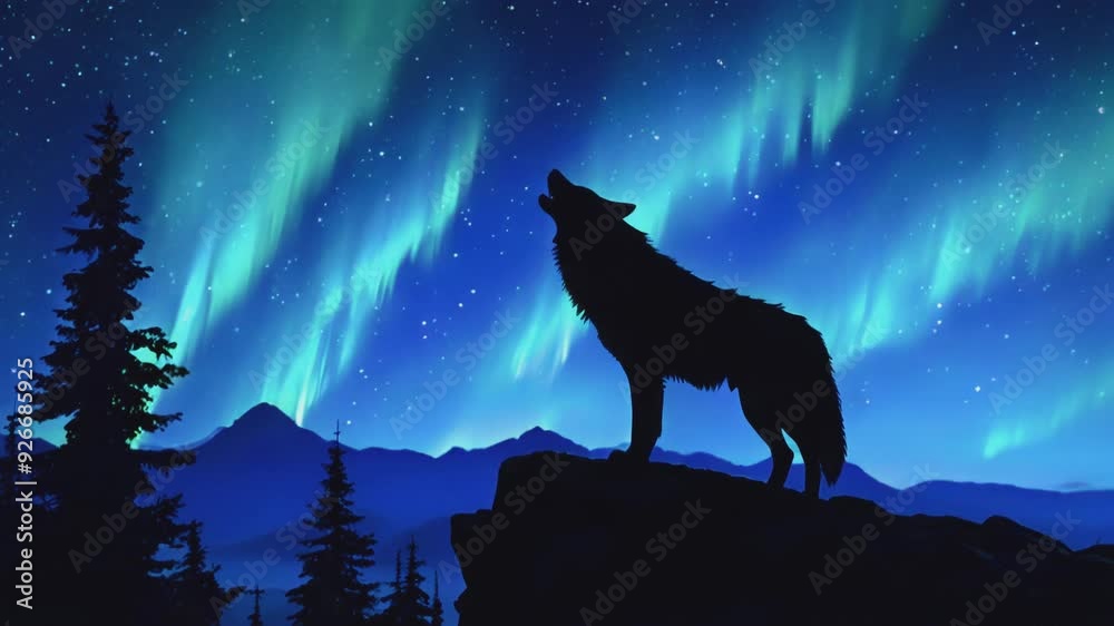 A lone wolf howling at a full moon on a dark night against the backdrop of the northern lights, conveying themes of wilderness, solitude, and mysticism.