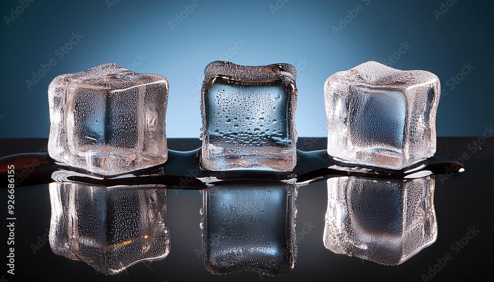 Three ice cubes melting on a reflective surface Three ice cubes melting on a reflective surface