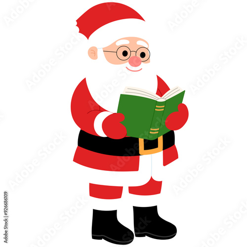 happy santa claus wearing eye glasses is standing and reading book illustration 