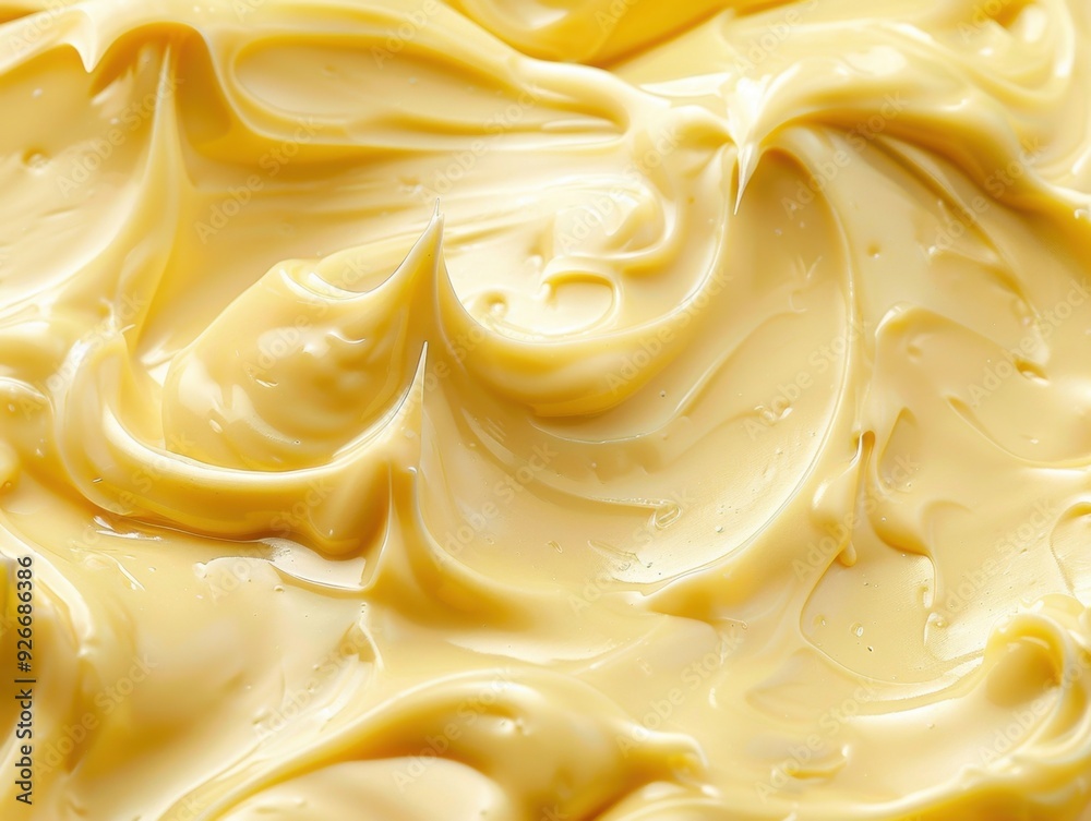 Creamy yellow spread on a flat surface, showcasing smooth texture and swirls Creamy yellow spread on a flat surface, showcasing smooth texture and swirls