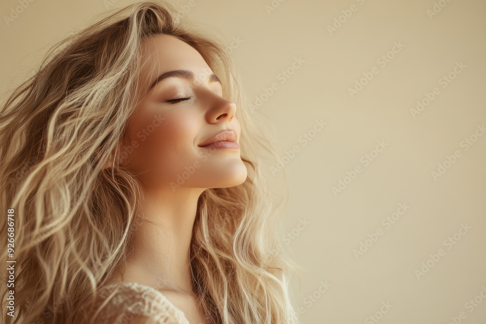 Fototapeta premium A close up of a black woman's face with her eyes closed and long blond hair