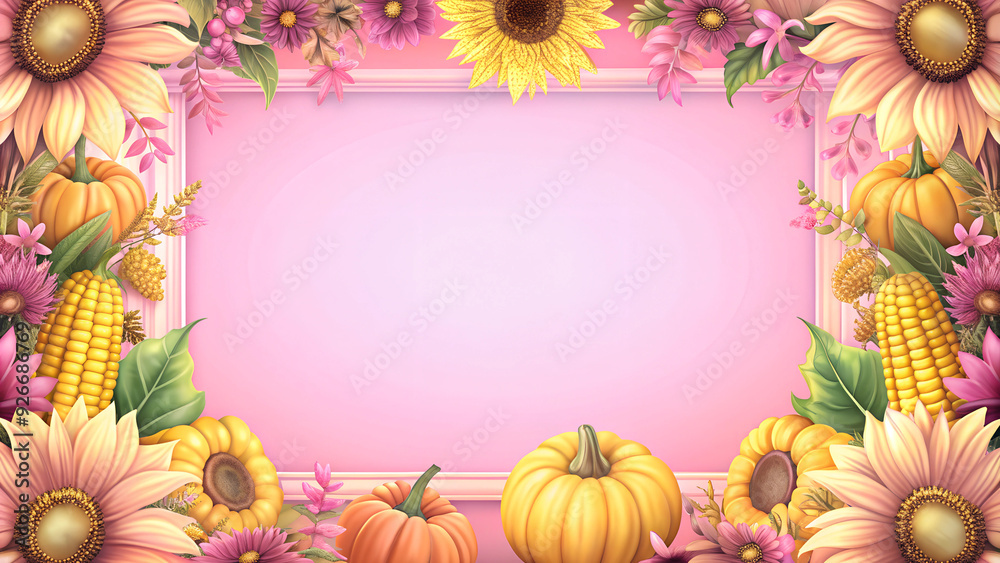 Autumn Sunflower and Pumpkin Border with Corn on Pink Background with Copy Space Autumn Sunflower and Pumpkin Border with Corn on Pink Background with Copy Space