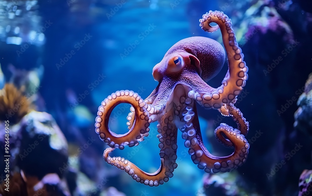 A close-up of a colorful octopus with its tentacles curled up in a blue underwater environment. A close-up of a colorful octopus with its tentacles curled up in a blue underwater environment.