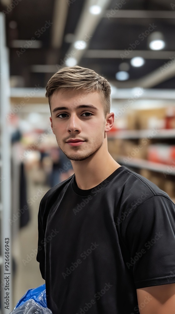 A young man in a black shirt holding a blue bag A young man in a black shirt holding a blue bag