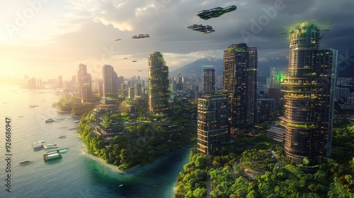 Futuristic Smart Cities with AI-Integrated Sustainable Living Solutions: Urban areas using AI for sustainable living solutions and smart resource management. #926686947