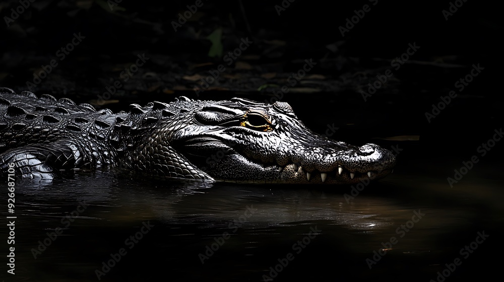 A close-up of a crocodile's head with sharp teeth and a scaly, black skin as it peeks out from the dark water. A close-up of a crocodile's head with sharp teeth and a scaly, black skin as it peeks out from the dark water.