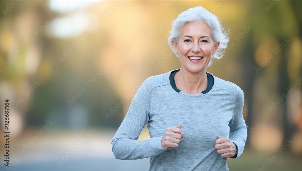 A woman jogging in a park with a smile on her face A woman jogging in a park with a smile on her face