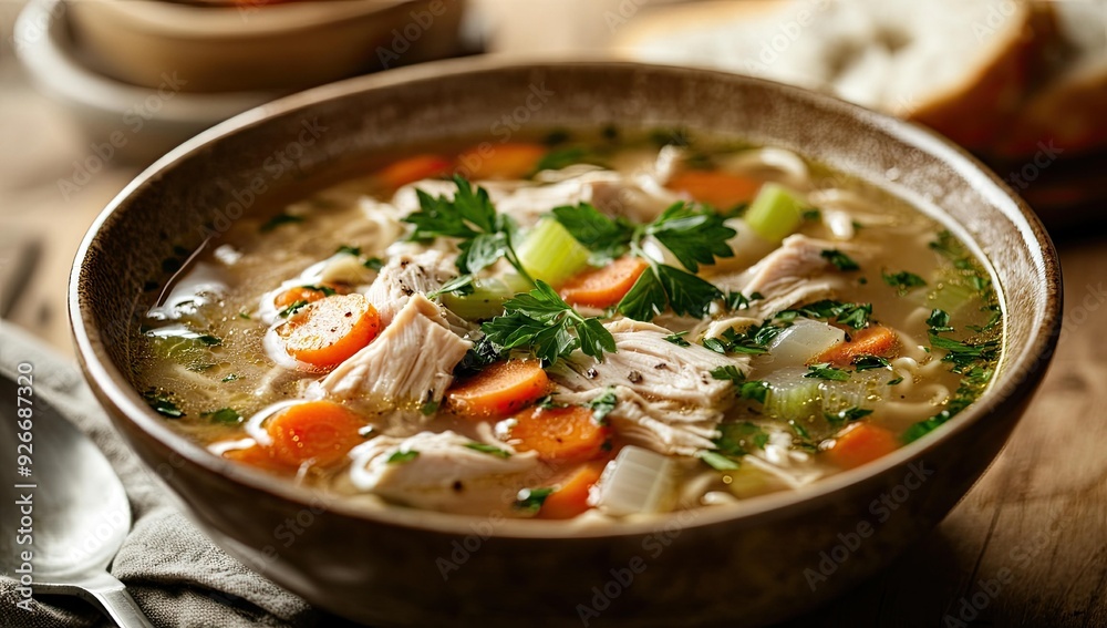 Chicken noodle soup with carrots and parsley. Chicken noodle soup with carrots and parsley.