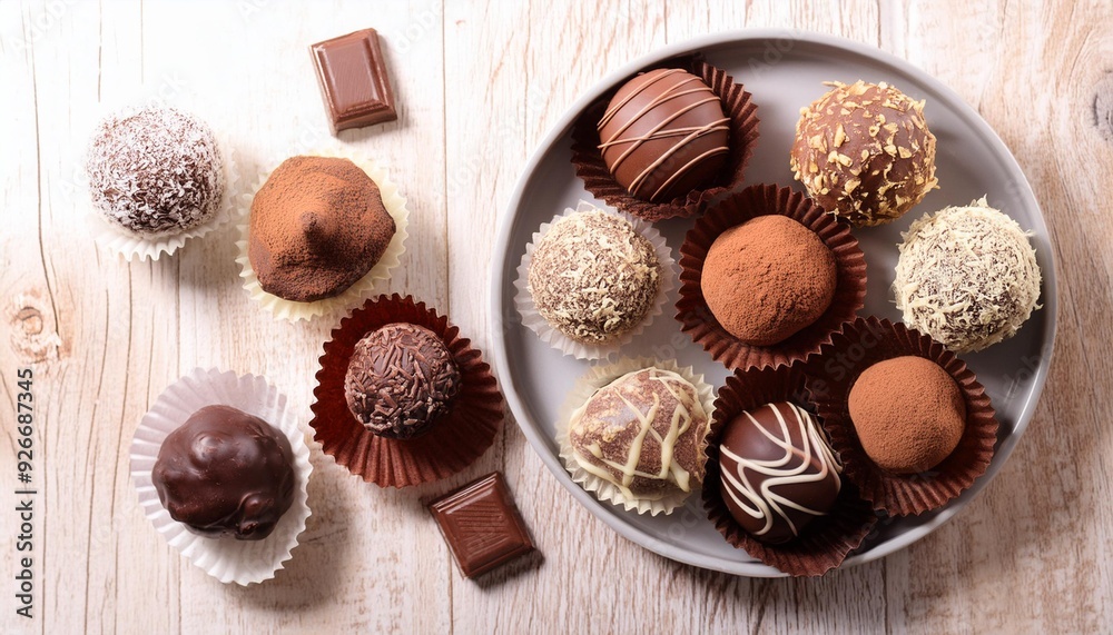 Top view of various kinds of chocolate truffles