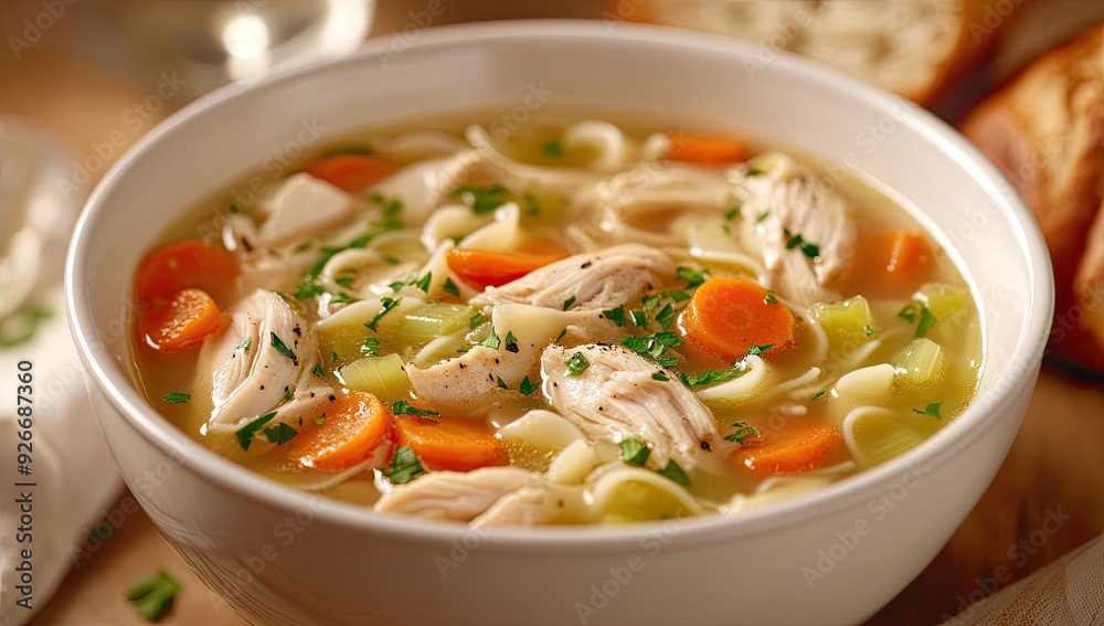 Chicken noodle soup in a white bowl. Chicken noodle soup in a white bowl.
