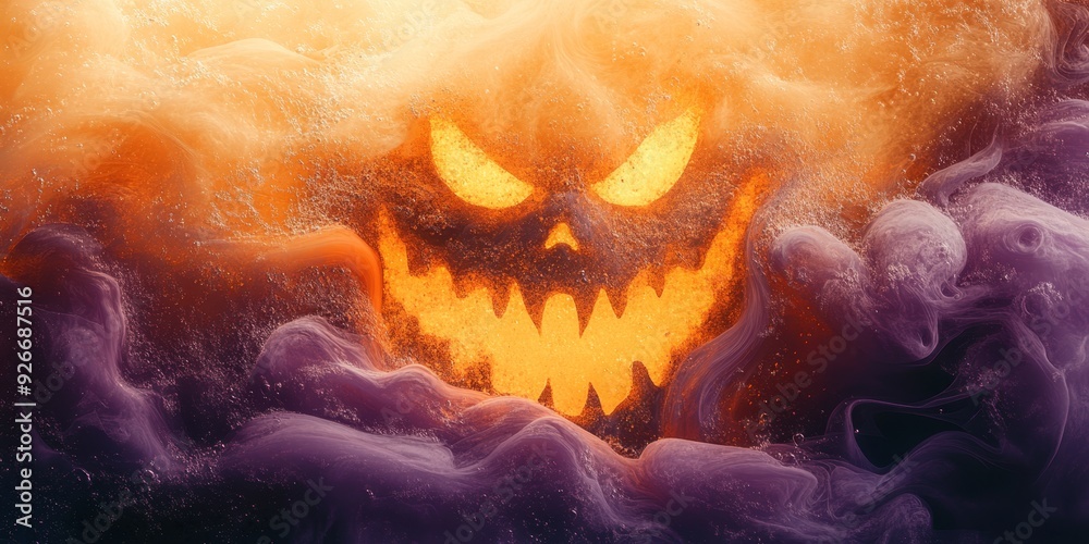 Fototapeta premium Fierce jack-o'-lantern face emerging from the mist. Ideal for horror-themed projects and Halloween designs.