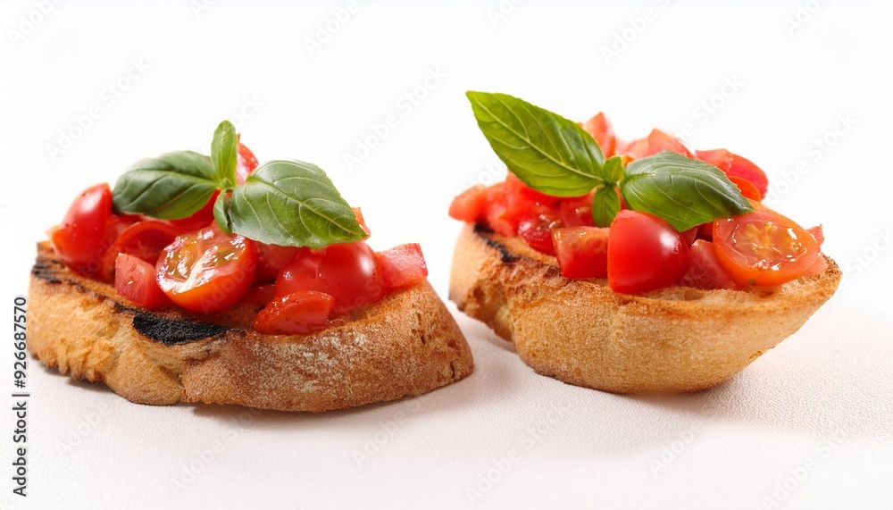 Two Bruschetta with Tomato and Basil on White Background Two Bruschetta with Tomato and Basil on White Background