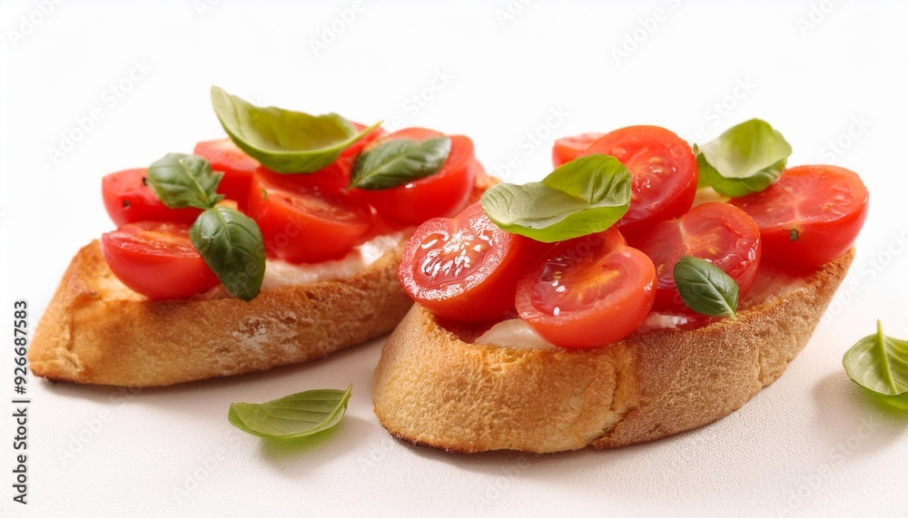 Two Bruschetta with Tomato and Basil on White Background Two Bruschetta with Tomato and Basil on White Background
