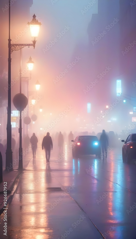 Silhouettes of people walking on a rainy city street at night, with blurred lights and reflections on the wet pavement Silhouettes of people walking on a rainy city street at night, with blurred lights and reflections on the wet pavement