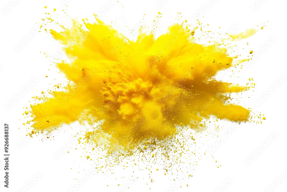 bright yellow paint color powder festival explosion burst isolated white background. industrial print concept background