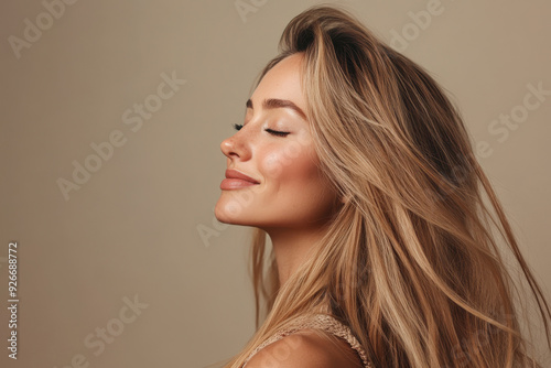 A close up of a black woman's face with her eyes closed and long blond hair