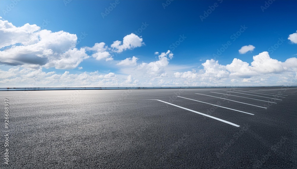 Wide open asphalt parking lot with blue sky and white clouds in the background Wide open asphalt parking lot with blue sky and white clouds in the background
