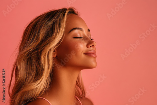 A close up of a black woman's face with her eyes closed and long blond hair