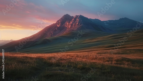 a scene of a dome mountain glowing under the warm light of sunset