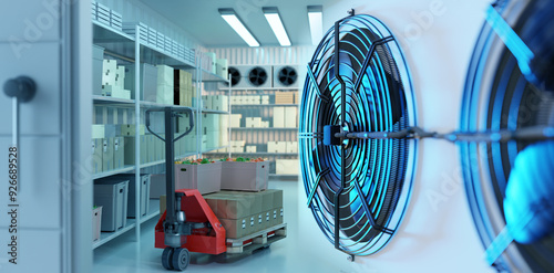Air conditioning unit in refrigerator. Freezer. Refrigerated warehouse with pallet jack. Freezer with boxes on shelves. Refrigeration equipment. Industrial refrigerator without people. 3d image