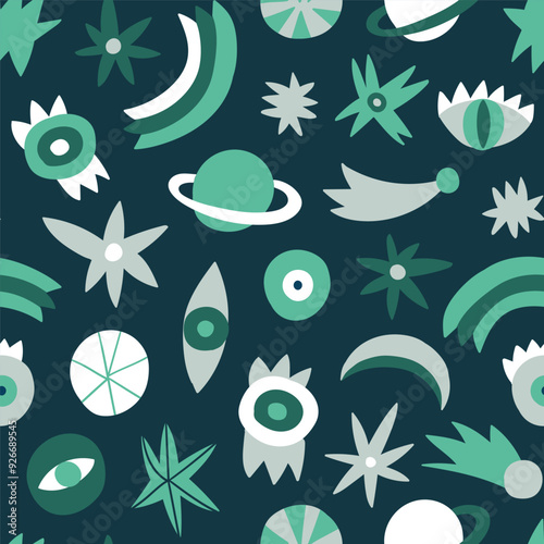 Stylish vector cosmos pattern design with magic eyes, stars and planet. Funny mystical texture for kids pajamas in hand-drawn style. 