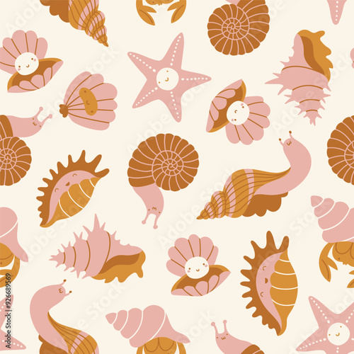 Sea shells, snails and starfish seamless pattern. Vector sea texture in cartoon style. Hand-drawn cute beach shells for baby fabric. Cute ocean repeated background.  Vector illustration