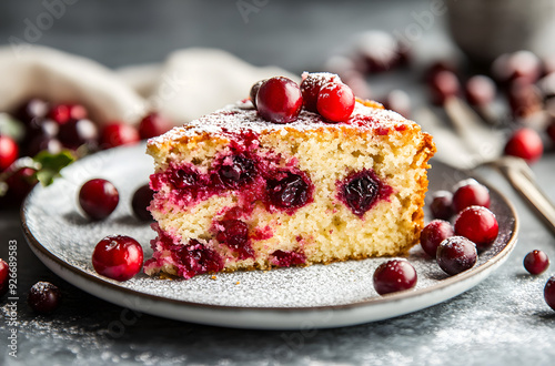 "Cranberry Cake: A Slice of Cranberry Cake on the Table, Showcasing Deliciously Tangy and Sweet Flavors Perfect for Festive Celebrations and Dessert Lovers"