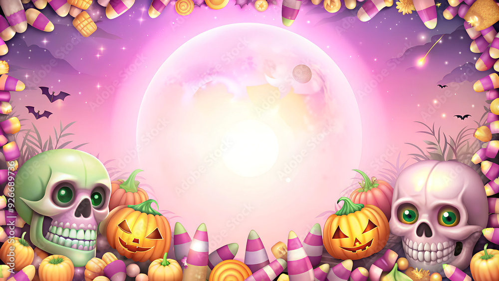 Naklejka premium Pastel Halloween Candy Border with Skulls and Pumpkins on Pink Background with Copy Space
