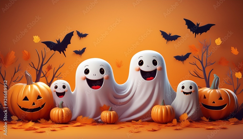 3D style , cute ghost family with happy expression on their faces, surrounded by pumpkins and falling leaves, set against an orange background for Halloween. 3D style , cute ghost family with happy expression on their faces, surrounded by pumpkins and falling leaves, set against an orange background for Halloween.