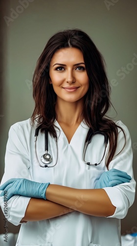 A woman in a white lab coat and blue gloves with a stethoscope on her neck