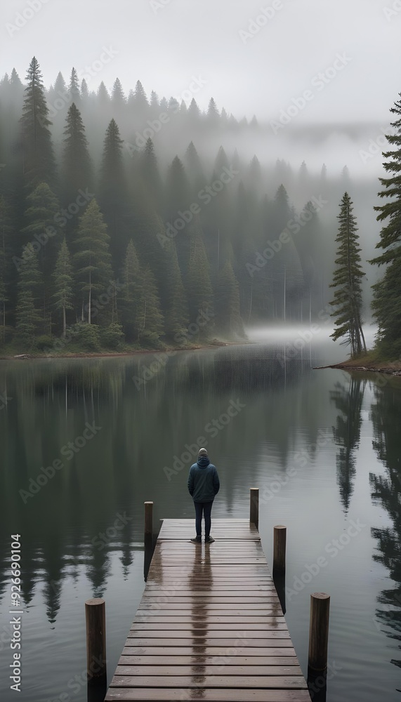 A person standing on a wooden dock overlooking a serene lake surrounded by a dense pine forest on a misty, overcast day A person standing on a wooden dock overlooking a serene lake surrounded by a dense pine forest on a misty, overcast day