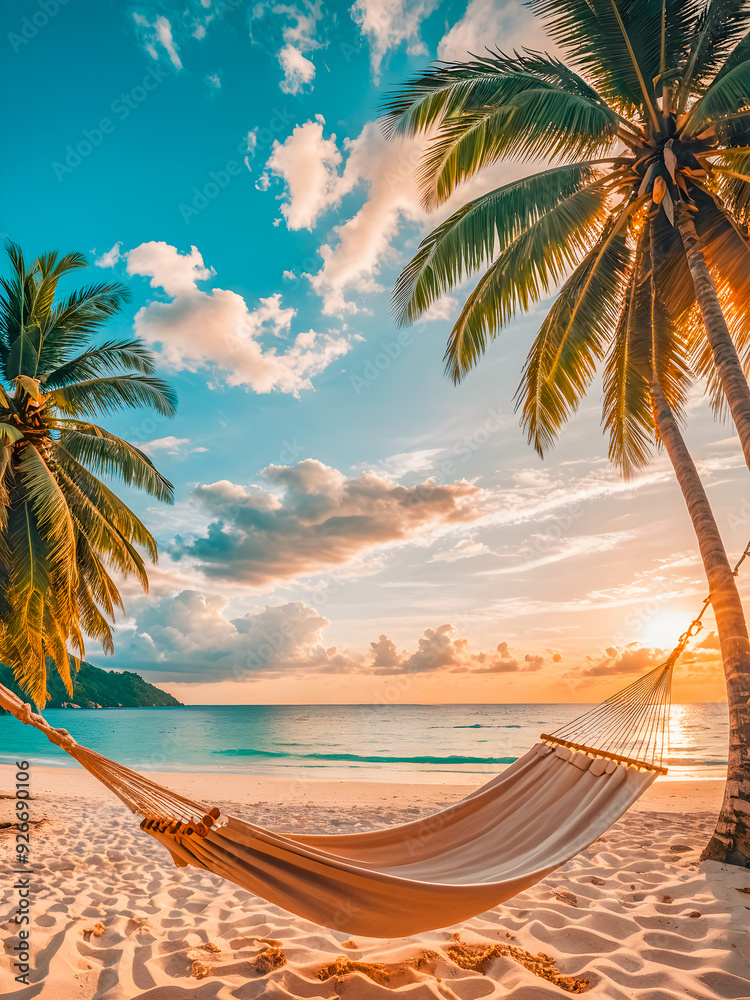 Fototapeta premium Tropical sunset beach background, summer island landscape, hammock hanging on palms sand romantic sea beach. Beautiful carefree vacation or summer holiday concept. Honeymoon, romance resort. AI gen