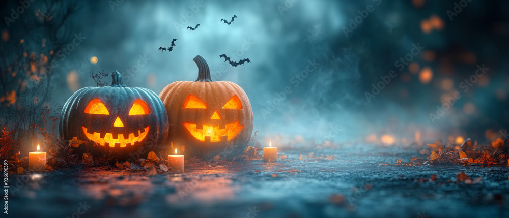 Fototapeta premium Halloween pumpkins at night with a scary atmosphere