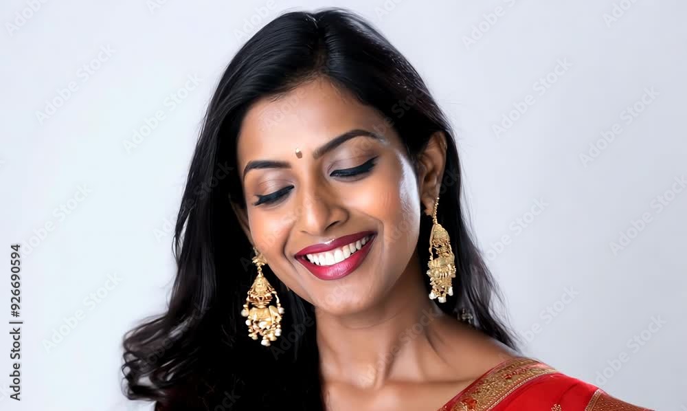 Portrait of a beautiful Indian woman wearing saree on white background