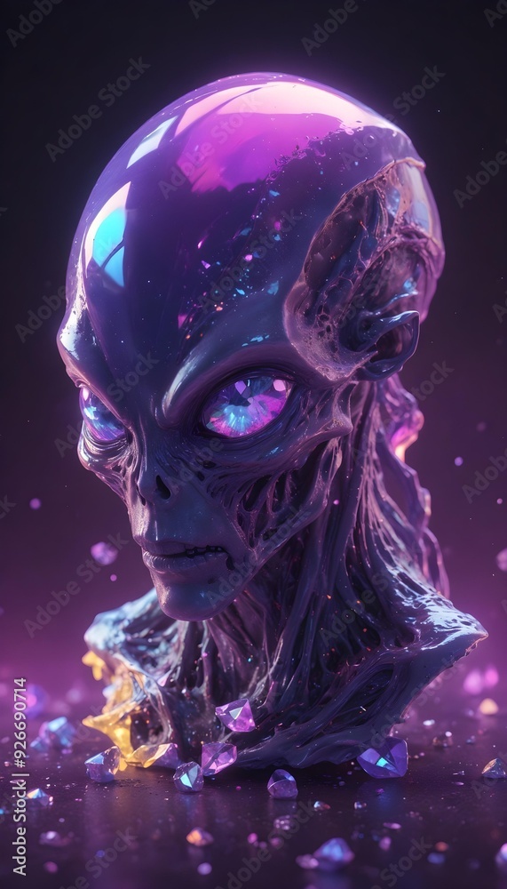 A dark, demonic-looking humanoid figure with glowing purple eyes, sharp teeth, and a distorted, skull-like face. The background is dark with swirling purple and blue energy effects A dark, demonic-looking humanoid figure with glowing purple eyes, sharp teeth, and a distorted, skull-like face. The background is dark with swirling purple and blue energy effects