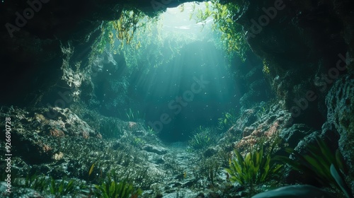 Wallpaper Mural A mysterious underwater cave, with the entrance partially obscured by aquatic plants. Torontodigital.ca
