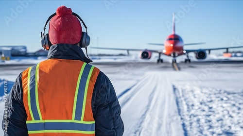 A man wearing a red hat and ear muffs standing in front of an airplane on a runway