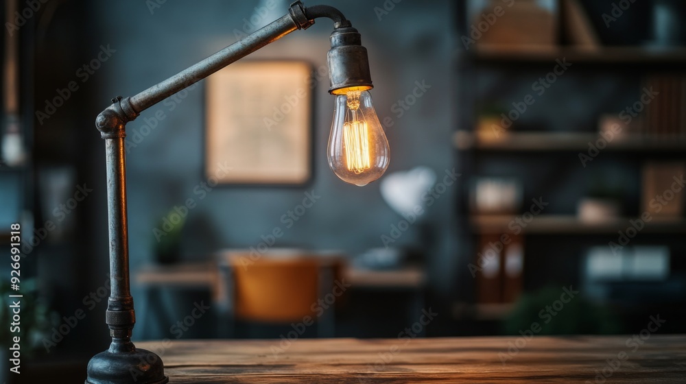 A detailed shot of an industrial-style desk lamp with a rugged metal finish and exposed bulb, highlighting the raw, utilitarian aesthetic. A detailed shot of an industrial-style desk lamp with a rugged metal finish and exposed bulb, highlighting the raw, utilitarian aesthetic.