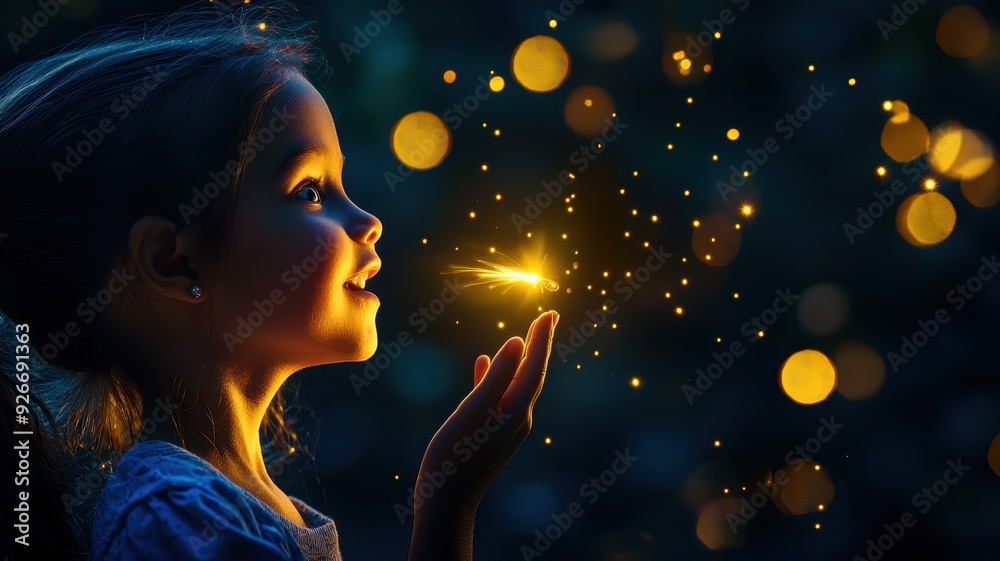 A joyful girl interacts with sparkling light, showcasing wonder and magic in a serene nighttime setting. A joyful girl interacts with sparkling light, showcasing wonder and magic in a serene nighttime setting.