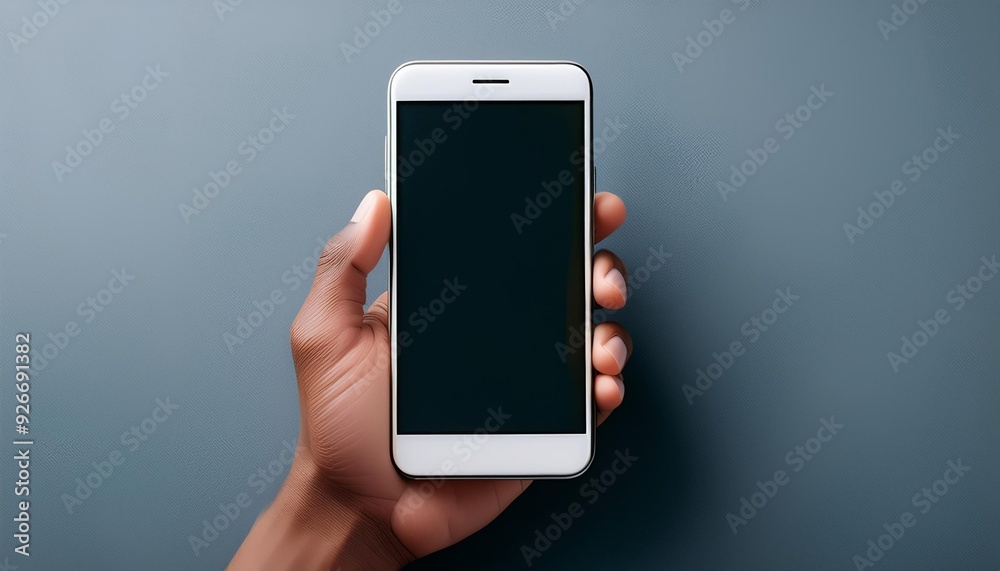 A hand holding a white smartphone from the top view A hand holding a white smartphone from the top view