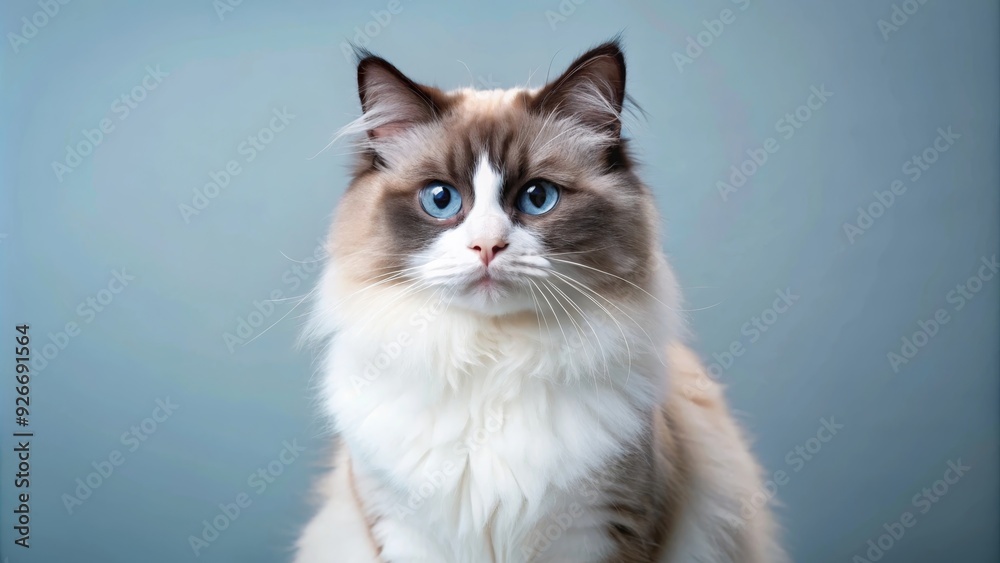 A beautiful Ragdoll cat with striking blue eyes stares directly at the camera. Its soft, fluffy fur and calm expression convey a sense of peace and tranquility. The light blue background highlights t A beautiful Ragdoll cat with striking blue eyes stares directly at the camera. Its soft, fluffy fur and calm expression convey a sense of peace and tranquility. The light blue background highlights t