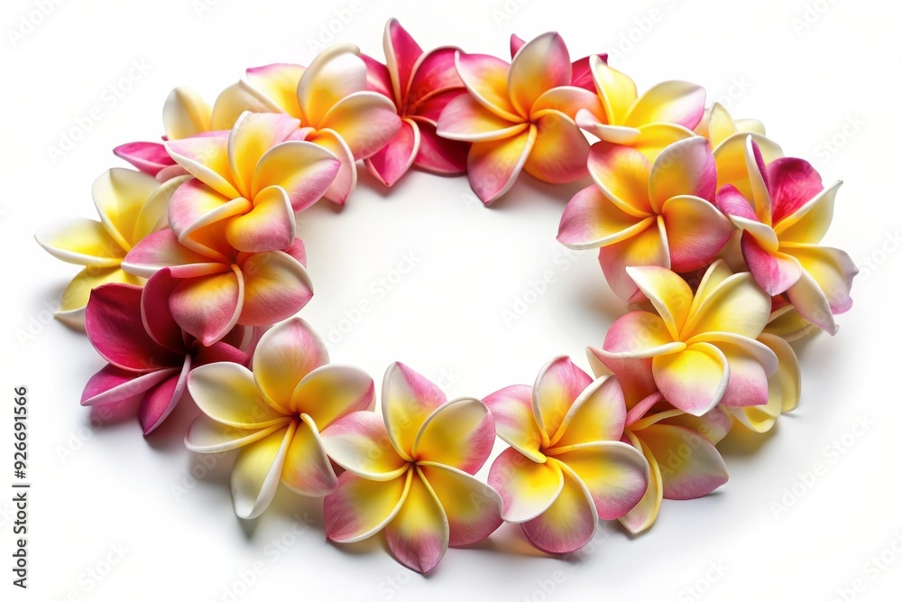 A beautiful wreath of pink and yellow plumeria flowers arranged in a circle, symbolizing beauty, nature, tropical paradise, and tranquility. A beautiful wreath of pink and yellow plumeria flowers arranged in a circle, symbolizing beauty, nature, tropical paradise, and tranquility.