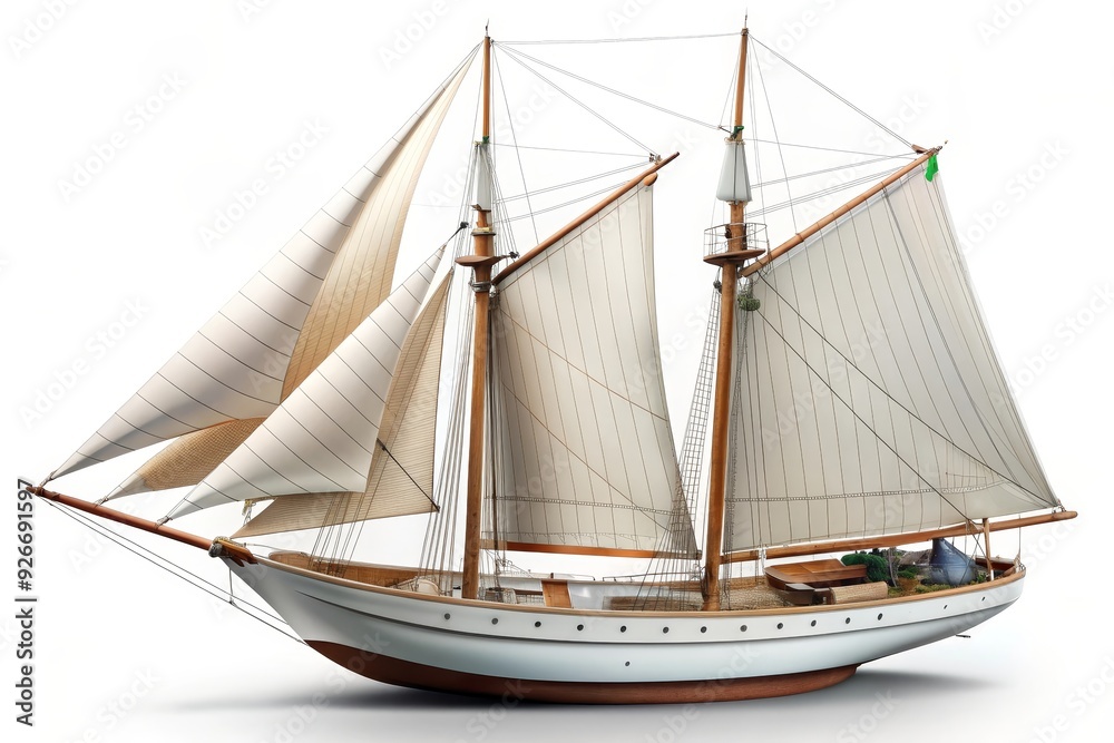 A beautiful wooden sailing yacht with white sails, isolated on a white background, symbolizes elegance, adventure, freedom, travel and craftsmanship. A beautiful wooden sailing yacht with white sails, isolated on a white background, symbolizes elegance, adventure, freedom, travel and craftsmanship.