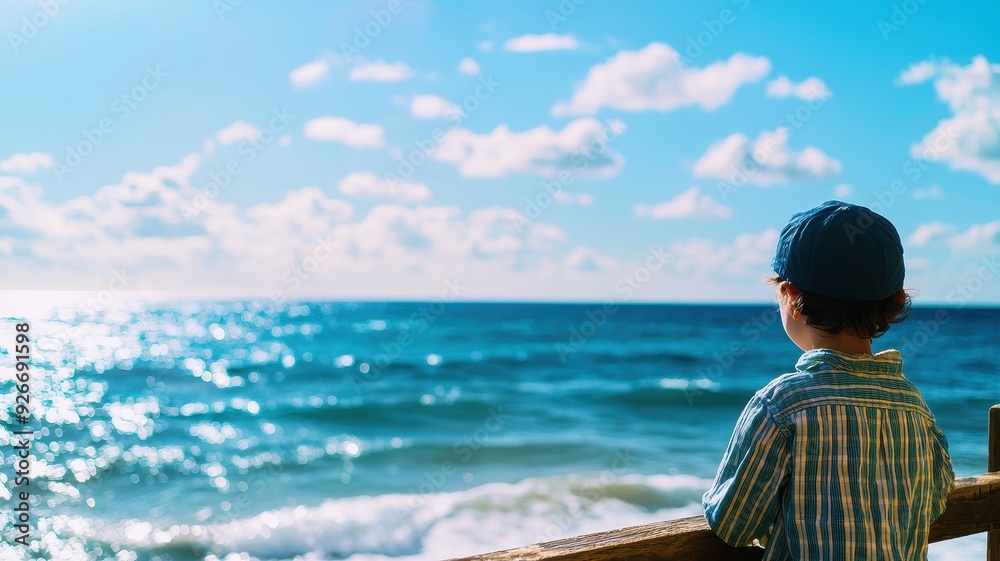 Fototapeta premium A young boy gazes at the serene ocean, enjoying the beauty of nature and bright, sunny skies on a peaceful day.